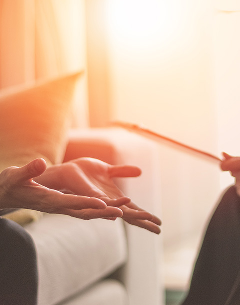 Hands gesturing during a therapy session in a comfortable room.